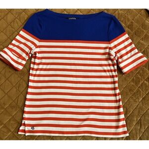 Ralph Lauren Womens Petite Large Red White Blue Striped Short Sleeve Top